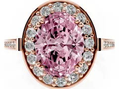 Fancy Pink Oval Cut Diamond Halo Ring Set in Rose gold with Accent-Lined Split Shank and Prong Setting