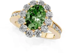 Fancy Green Oval Cut Diamond Halo Pavé Engagement Ring Set in Yellow gold with Milgrain Detailing