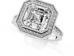 Asscher Cut Diamond Halo Milgrain Pavé Band Ring Set in White gold with Prong Setting