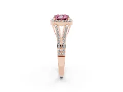 Fancy Pink Cushion Cut Diamond Halo Split Shank Pavé Ring Set in Rose gold with Prong Setting