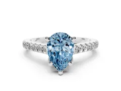 Fancy Blue Pear Cut Diamond Solitaire Ring Set in Platinum with Brilliant Pavé Band and Prong Setting