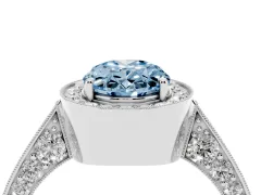 Fancy Blue Oval Cut Diamond Halo Engagement Ring Set in Platinum with Accent Split Shank Band