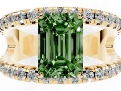 Fancy Green Emerald Cut Diamond Split Shank Pavé Solitaire Ring Set in Yellow gold with Open Shank Design