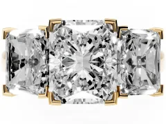 Radiant Cut Diamond Three-Stone Ring Set in Yellow gold with Channel-Set Band and Prong Settings