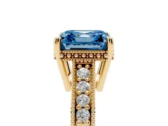 Fancy Blue Asscher Cut Diamond Solitaire Pavé Milgrain Engagement Ring Set in Yellow gold with Prong Setting