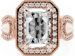Emerald Cut Diamond Halo Ring Set in Rose gold with Milgrain Accent Split Shank