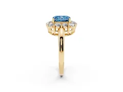 Fancy Blue Radiant Cut Diamond Halo Cluster Engagement Ring Set in Yellow gold with Polished Band and Prong Setting