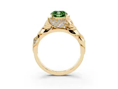 Fancy Green Cushion Cut Diamond Leaf-Inspired Engagement Ring Set in Yellow gold with Round Accents