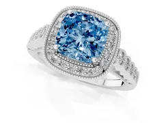 Fancy Blue Cushion Cut Diamond Milgrain Halo Solitaire Ring Set in Silver with Bezel Set Side Stones and Pavé Band