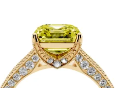 Fancy Yellow Asscher Cut Diamond Solitaire Ring Set in Yellow gold with Milgrain-Edged Pavé Band and Prong Setting