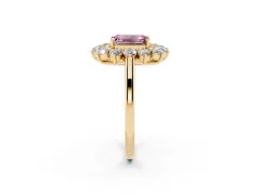 Fancy Pink Emerald Cut Diamond Floral Double Halo Ring Set in Yellow gold with Round Petals