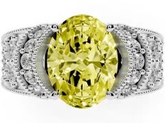 Fancy Yellow Oval Cut Diamond Milgrain Halo Pavé Engagement Ring Set in Platinum with Prong Setting