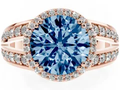 Fancy Blue Round Cut Diamond Halo Ring Set in Rose gold with Double Pavé Split Shank