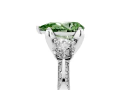 Fancy Green Pear Cut Diamond Three-Stone Ring Set in Silver with Pavé Band and Smaller Side Stones
