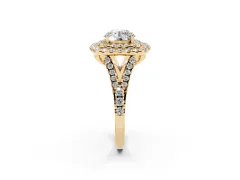 Round Cut Diamond Double Halo Ring Set in Yellow gold with Pavé Split Shank and Prong Setting