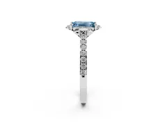 Fancy Blue Emerald Cut Diamond Solitaire Ring Set in White gold with Pavé Band and Floral Prong Setting