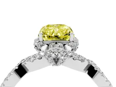 Fancy Yellow Radiant Cut Diamond Halo Twist Band Solitaire Ring Set in White gold with Prong-Set Center Stone