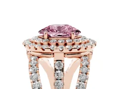 Fancy Pink Oval Cut Diamond Double Halo Ring Set in Rose gold with Round Pavé Split Shank