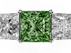 Fancy Green Princess Cut Diamond Three-Stone Ring Set in White gold with Textured Band