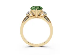 Fancy Green Heart Cut Diamond Three-Stone Ring Set in Yellow gold with Pavé Band and Smaller Side Stones