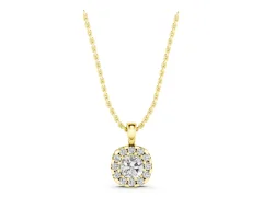 Cushion Halo Diamond Pendant Set in Yellow gold with Four-Prong Cushion Center