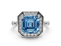 Fancy Blue Asscher Cut Diamond Halo Engagement Ring Set in Silver with Twisted Band and Prong Setting