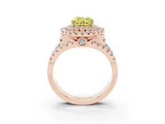 Fancy Yellow Oval Cut Diamond Double Halo Ring Set in Rose gold with Round Pavé Split Shank