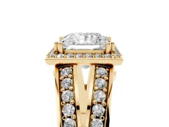 Princess Cut Diamond Halo Ring Set in Yellow gold with Double Pavé Split Shank