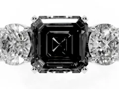 Fancy Black Asscher Cut Diamond Three-Stone Ring Set in White gold with Round Side Stones and Classic Band