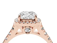 Cushion Cut Diamond Halo Engagement Ring Set in Rose gold with Pavé Band and Prong-Set Center