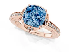 Fancy Blue Cushion Cut Diamond Halo Ring Set in Rose gold with Channel Set Band and Prong Setting