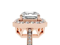 Asscher Cut Diamond Halo Ring Set in Rose gold with Accent-Lined Split Shank and Prong Setting