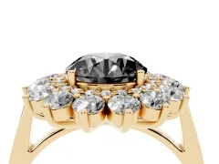 Fancy Black Round Cut Diamond Floral Double Halo Ring Set in Yellow gold with Round Petals