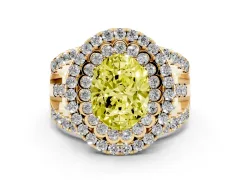 Fancy Yellow Oval Cut Diamond Double Halo Ring Set in Yellow gold with Round Pavé Split Shank