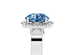 Fancy Blue Round Cut Diamond Halo Ring Set in White gold with Pavé-Lined Split Shank Band