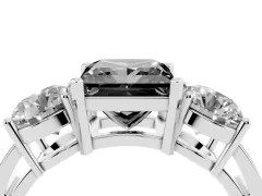 Fancy Black Princess Cut Diamond Three-Stone Ring Set in White gold with Round Side Stones and Classic Band