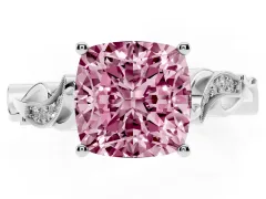 Fancy Pink Cushion Cut Diamond Vine Band Solitaire Ring Set in Platinum with Milgrain Prong Setting