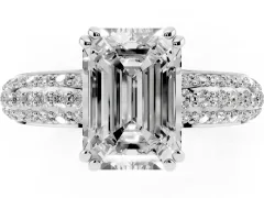 Emerald Cut Diamond Solitaire Ring Set in Platinum with Multi-Row Round Pavé Band and Prong Setting