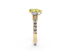 Fancy Yellow Pear Cut Diamond Three-Stone Ring Set in Yellow gold with Round Side Stones and Delicate Pavé Band