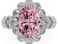 Fancy Pink Oval Cut Diamond Solitaire Ring Set in Silver with Milgrain Pavé Heart Band