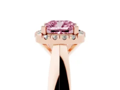 Fancy Pink Cushion Cut Diamond Halo Solitaire Engagement Ring Set in Rose gold with Square Band and Prong Setting