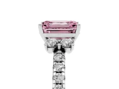 Fancy Pink Emerald Cut Diamond Three-Stone Pavé Ring Set in Platinum with Prong Setting