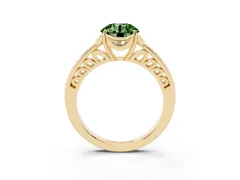 Fancy Green Round Cut Diamond Halo Ring Set in Yellow gold with Channel Set Band and Prong Setting