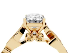 Emerald Cut Diamond Vine Band Solitaire Ring Set in Yellow gold with Milgrain Prong Setting