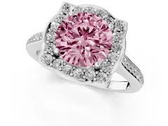 Fancy Pink Round Cut Diamond Halo Ring Set in White gold with Pavé-Lined Shoulders and Prong Setting