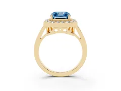 Fancy Blue Asscher Cut Diamond Halo Ring Set in Yellow gold with Accent-Lined Split Shank and Prong Setting