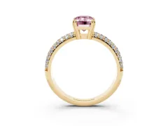Fancy Pink Emerald Cut Diamond Solitaire Ring Set in Yellow gold with Multi-Row Round Pavé Band and Prong Setting