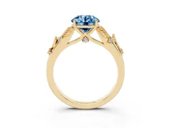 Fancy Blue Round Cut Diamond Solitaire Ring Set in Yellow gold with Leaf Motif Band