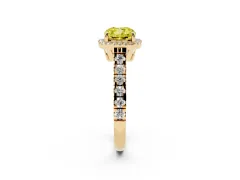 Fancy Yellow Cushion Cut Diamond Halo Engagement Ring Set in Yellow gold with Pavé Band and Prong-Set Center