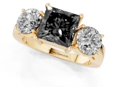 Fancy Black Princess Cut Diamond Three-Stone Ring Set in Yellow gold with Round Side Stones and Classic Band